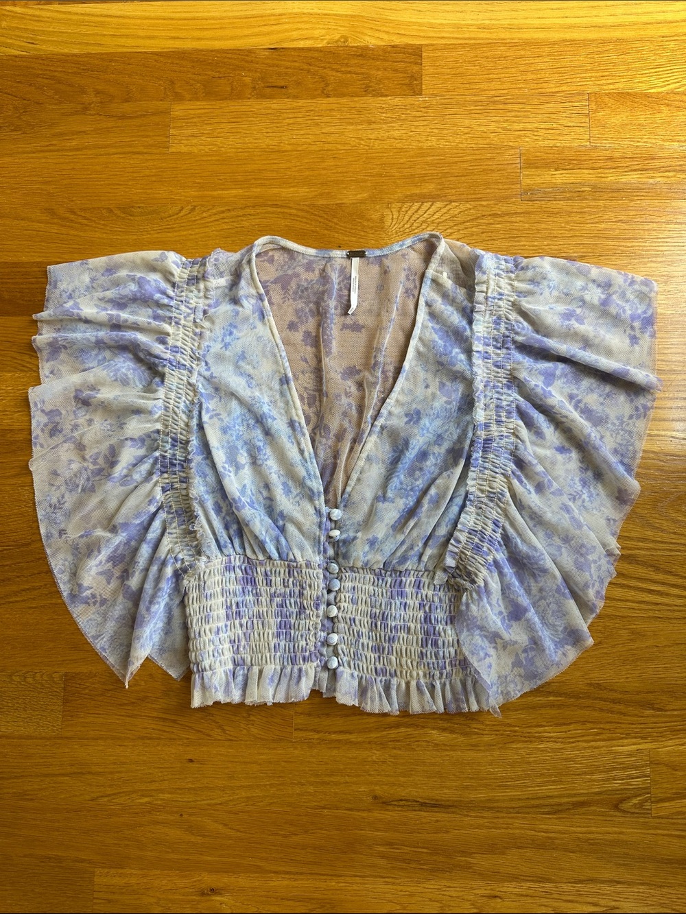 Free People Floral Sheer Ruffle Sleeve Crop Top S Boho